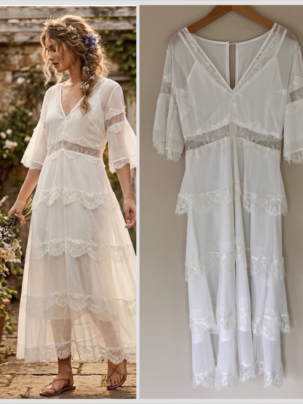 Womens Tiered Maxi Dress Large White Lace Romantic Ethereal Victorian Boho